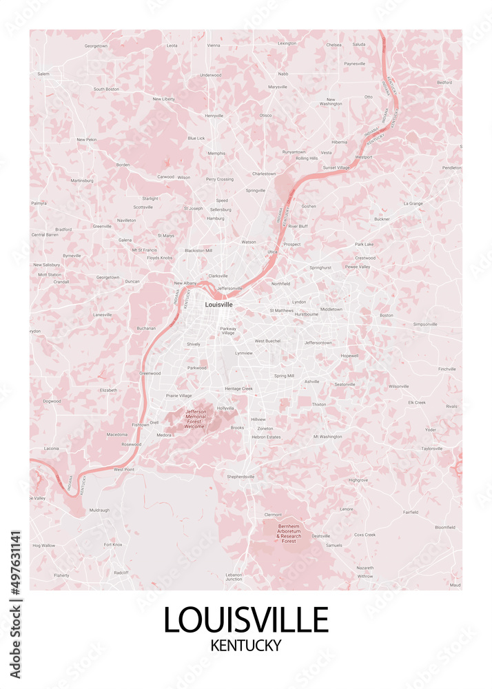 Poster Louisville - Kentucky map. Road map. Illustration of Louisville - Kentucky streets. Transportation network. Printable poster format.