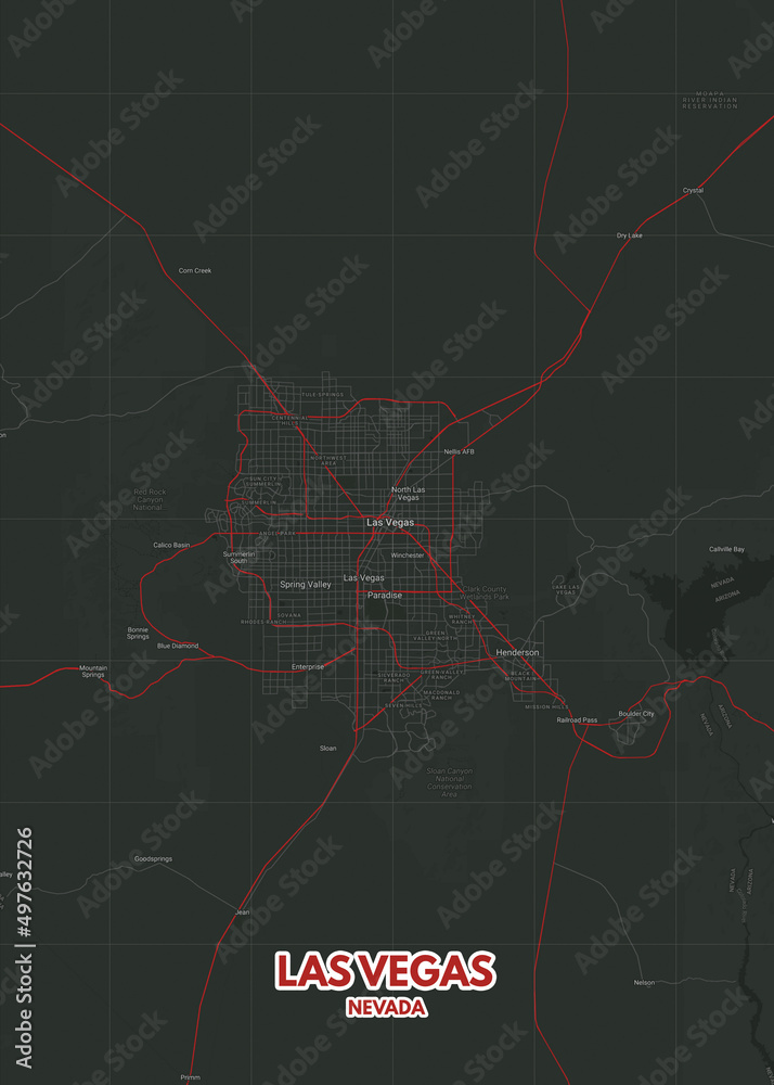 Poster Las Vegas - Nevada map. Road map. Illustration of Las Vegas - Nevada streets. Transportation network. Printable poster format.
