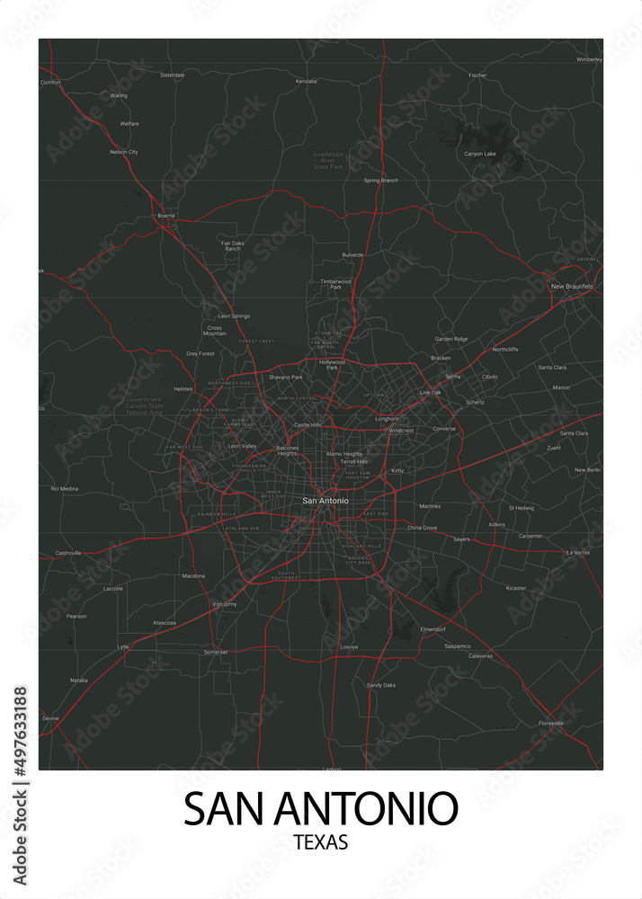 Poster San Antonio - Texas map. Road map. Illustration of San Antonio ...