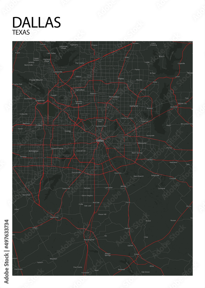 Poster Dallas - Texas map. Road map. Illustration of Dallas - Texas ...