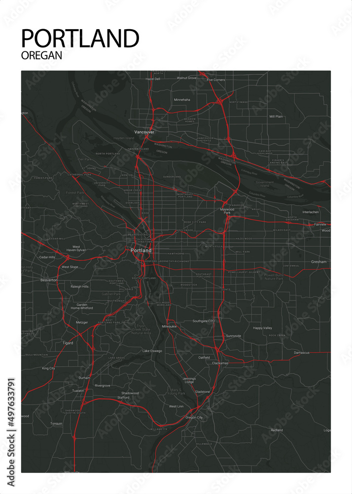 Poster Portland - Oregan map. Road map. Illustration of Portland ...