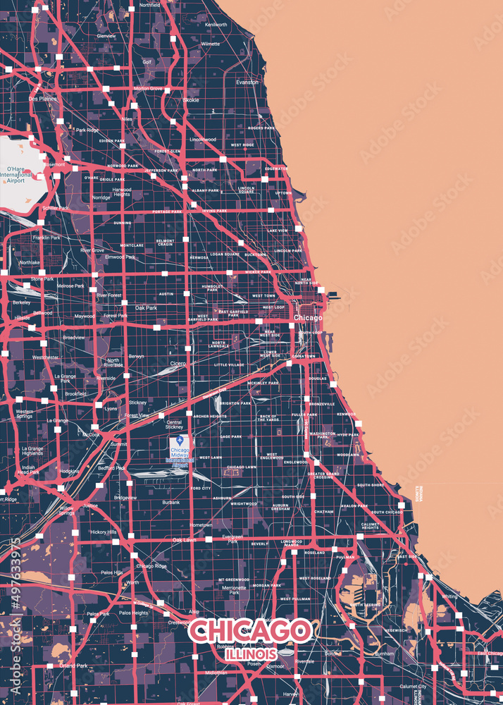Poster Chicago Illinois map. Road map. Illustration of Chicago