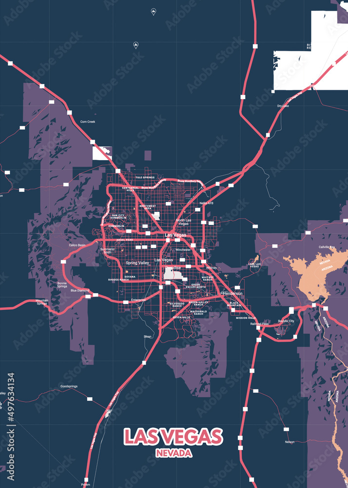 Poster Las Vegas - Nevada map. Road map. Illustration of Las Vegas ...