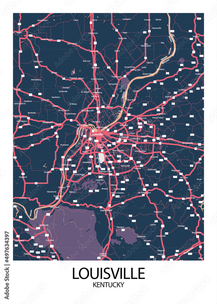 Poster Louisville Kentucky map. Road map. Illustration of Louisville