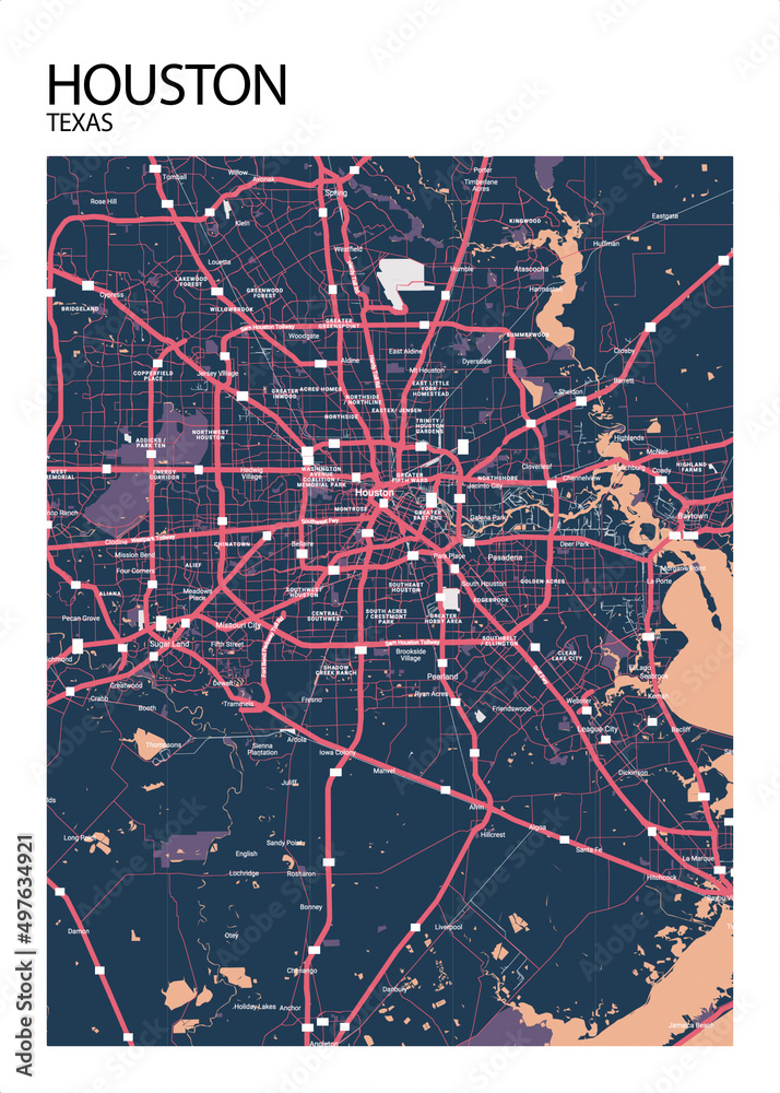 Poster Houston - Texas map. Road map. Illustration of Houston - Texas streets. Transportation ...