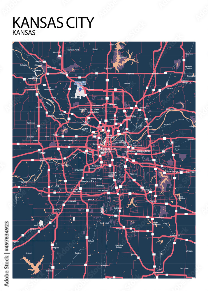 Poster Kansas City - Kansas map. Road map. Illustration of Kansas City ...