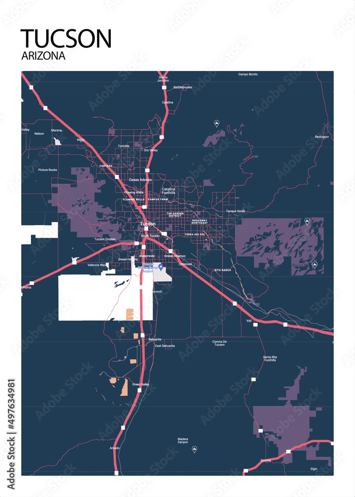 Poster Tucson - Arizona map. Road map. Illustration of Tucson - Arizona streets. Transportation ...