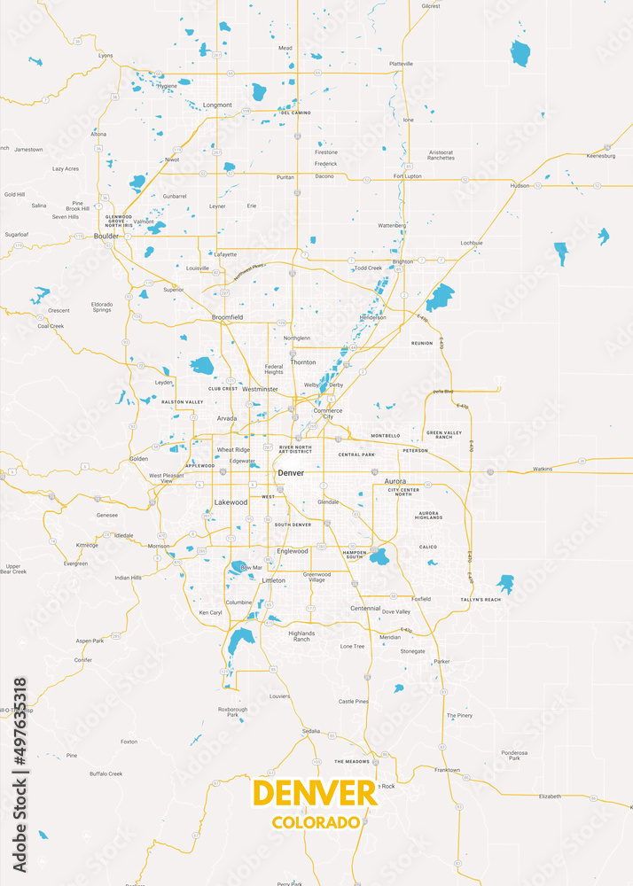 Poster Denver Colorado map. Road map. Illustration of Denver Colorado streets