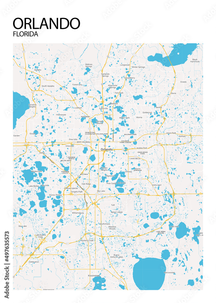 Poster Orlando - Florida map. Road map. Illustration of Orlando ...