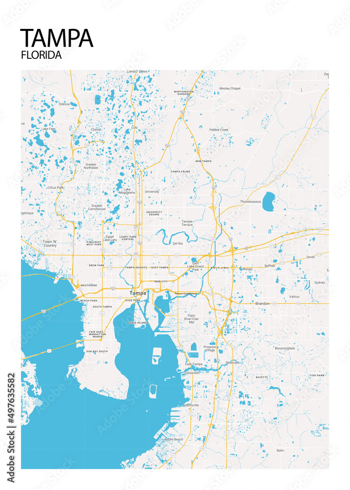 Poster Tampa - Florida map. Road map. Illustration of Tampa - Florida streets. Transportation ...
