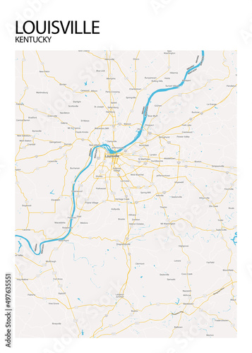 Poster Louisville - Kentucky map. Road map. Illustration of Louisville - Kentucky streets. Transportation network. Printable poster format.