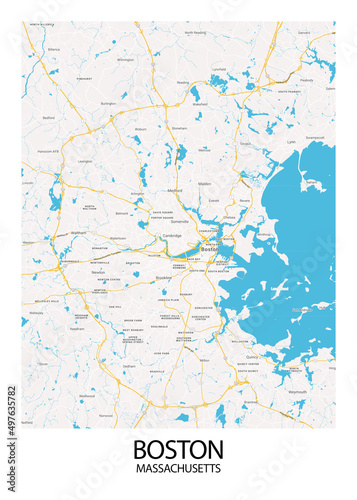 Poster Boston - Massachusetts map. Road map. Illustration of Boston - Massachusetts streets. Transportation network. Printable poster format.