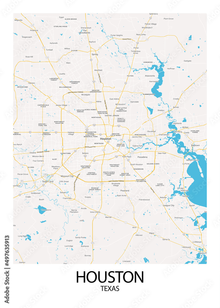 Poster Houston - Texas map. Road map. Illustration of Houston - Texas streets. Transportation ...