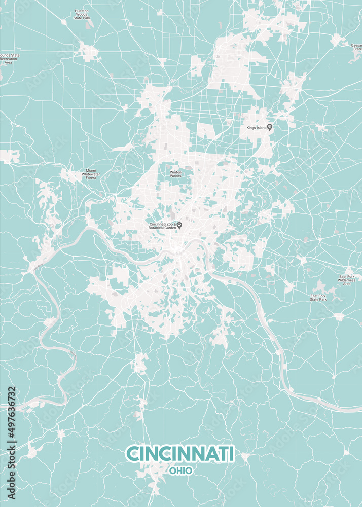 Poster Cincinnati - Ohio map. Road map. Illustration of Cincinnati - Ohio streets. Transportation network. Printable poster format.