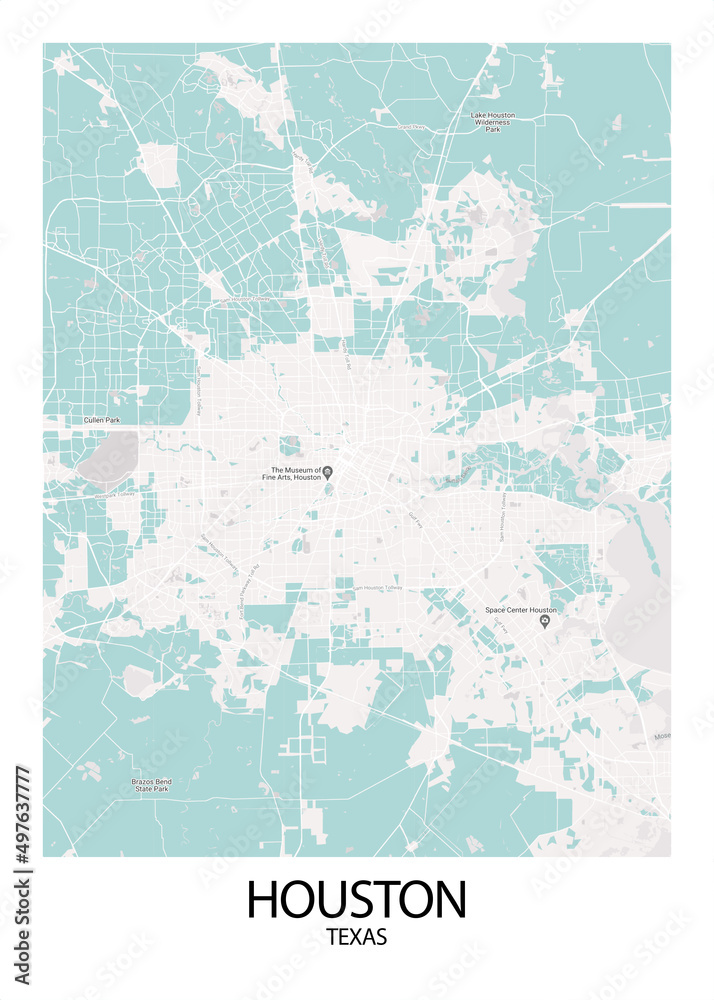Poster Houston - Texas map. Road map. Illustration of Houston - Texas streets. Transportation network. Printable poster format.