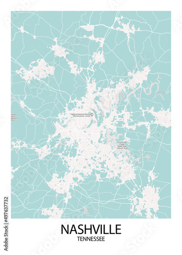 Poster Nashville - Tennessee map. Road map. Illustration of Nashville - Tennessee streets. Transportation network. Printable poster format.