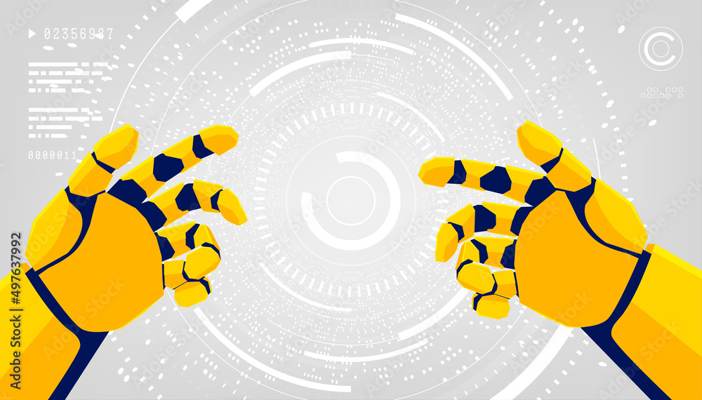 Virtual reality background with first-person perspective and robot hands. Metaverse gaming concept. Virtual reality background with first-person perspective and robot hands. Metaverse gaming concept.