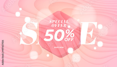Sale special offer 50% off banner. Pink background special offer and promotion template design.