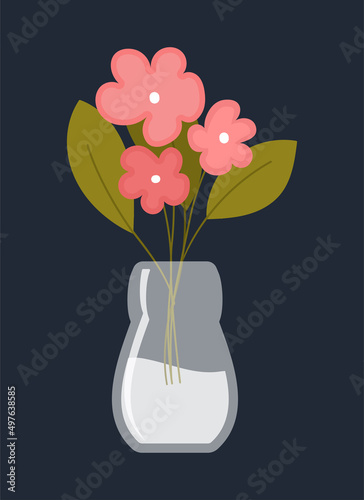 Flowers in vase. Pink spring plants in water, caring gift for spring or summer holidays. Comfort and cosiness in modern house or apartment. Social media sticker. Cartoon flat vector illustration