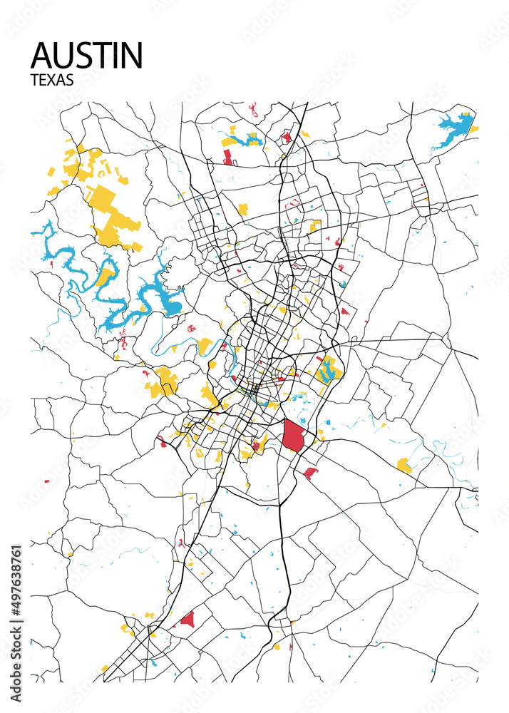 Poster Austin - Texas map. Road map. Illustration of Austin - Texas streets. Transportation network. Printable poster format.