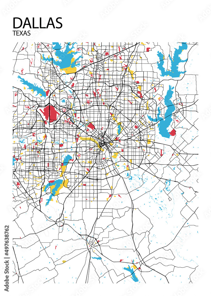 Poster Dallas - Texas map. Road map. Illustration of Dallas - Texas streets. Transportation ...