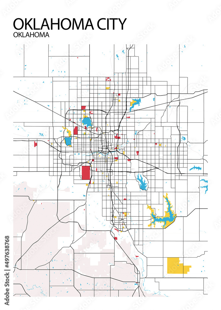 Poster Oklahoma City - Oklahoma map. Road map. Illustration of Oklahoma City - Oklahoma streets. Transportation network. Printable poster format.