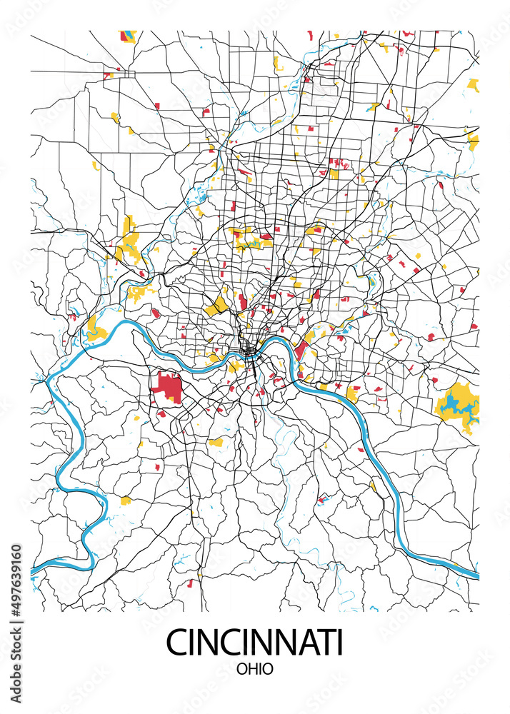 Poster Cincinnati Ohio map. Road map. Illustration of Cincinnati