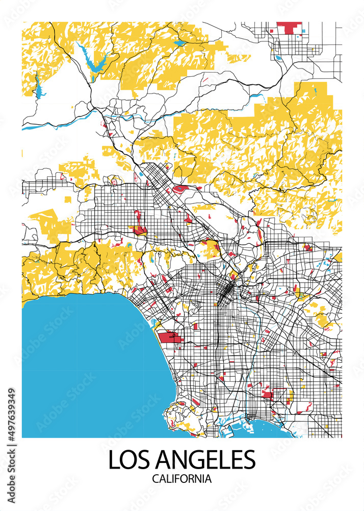 Poster Los Angeles - California map. Road map. Illustration of Los ...