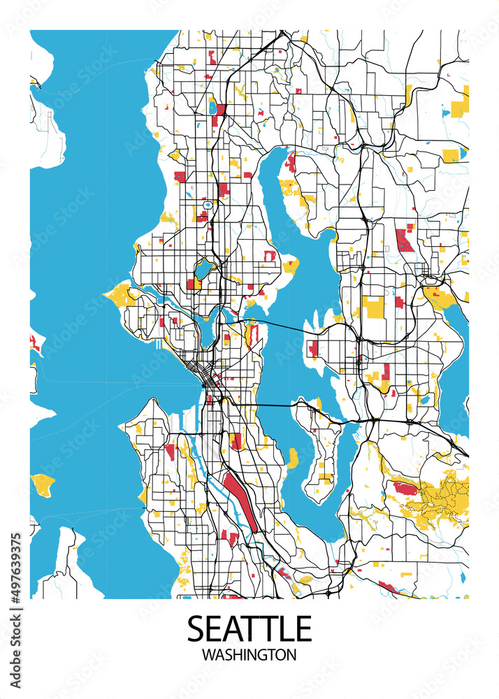 Poster Seattle - Washington map. Road map. Illustration of Seattle ...