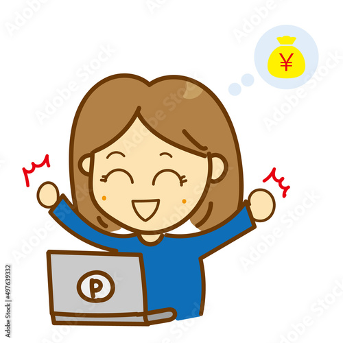 投資で勝って喜ぶ女性の手書きイラスト・ガッツポーズ・アフィリエイト・資産運用