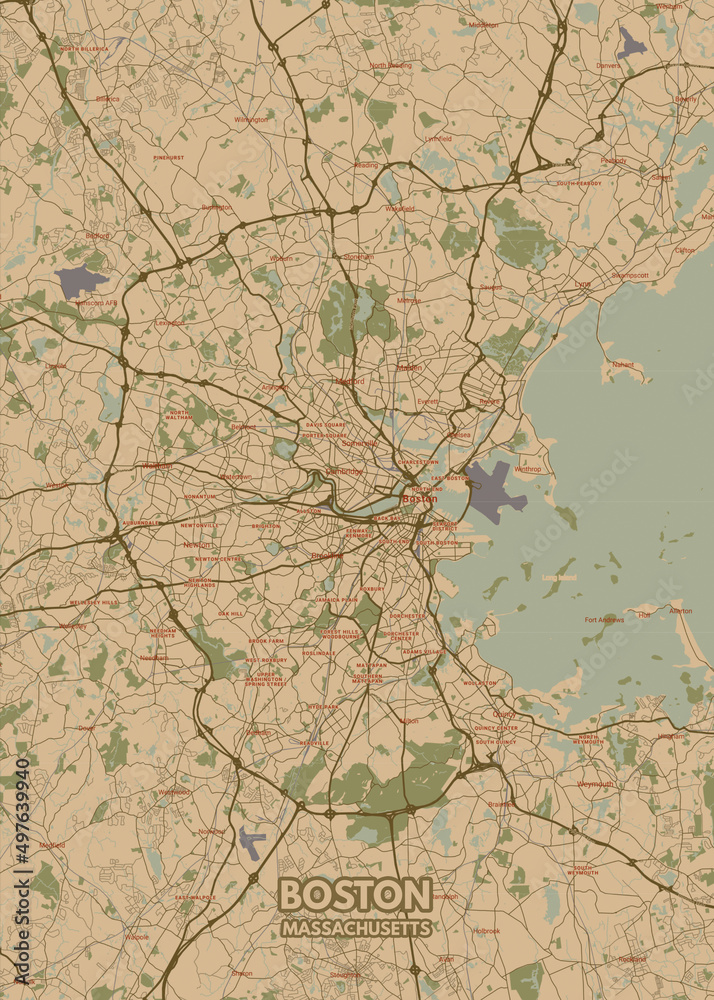 Poster Boston - Massachusetts map. Road map. Illustration of Boston - Massachusetts streets. Transportation network. Printable poster format.
