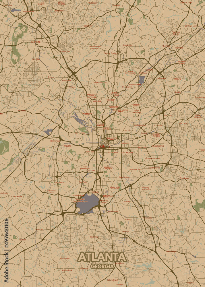 Poster Atlanta - Georgia map. Road map. Illustration of Atlanta - Georgia streets ...