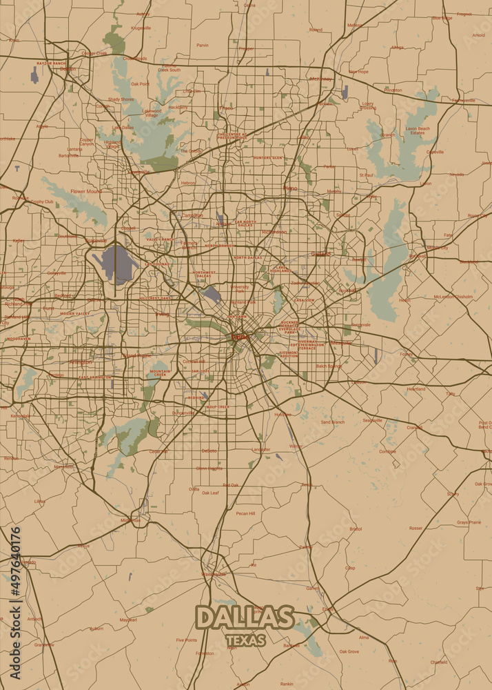Poster Dallas - Texas map. Road map. Illustration of Dallas - Texas ...