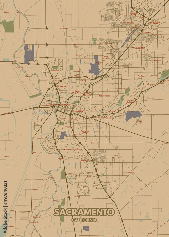 Poster Sacramento - California map. Road map. Illustration of Sacramento - California streets. Transportation network. Printable poster format.