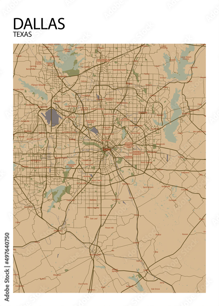 Poster Dallas - Texas map. Road map. Illustration of Dallas - Texas streets. Transportation ...