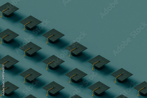 black Graduation caps with copy space. 3d render photo