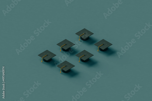 collection of black Graduation caps. 3d render photo