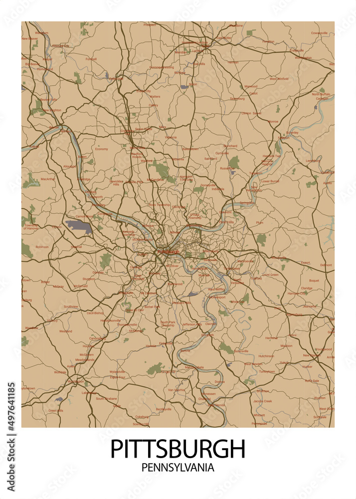 Poster Pittsburgh - Pennsylvania map. Road map. Illustration of