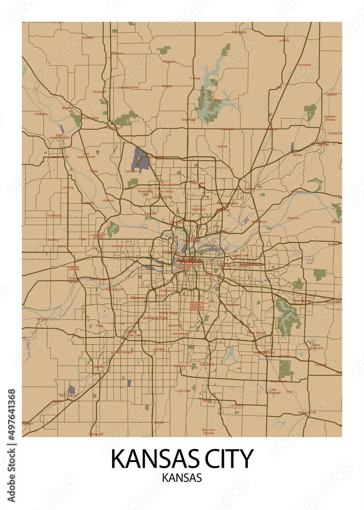 Poster Kansas City - Kansas map. Road map. Illustration of Kansas City ...