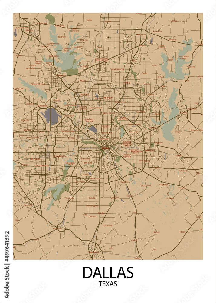 Poster Dallas - Texas map. Road map. Illustration of Dallas - Texas streets. Transportation ...