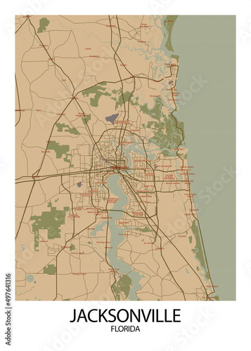 Poster Jacksonville - Florida map. Road map. Illustration of Jacksonville - Florida streets. Transportation network. Printable poster format.