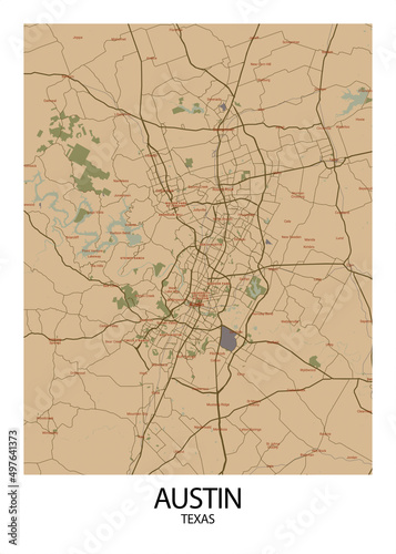 Poster Austin - Texas map. Road map. Illustration of Austin - Texas streets. Transportation network. Printable poster format.