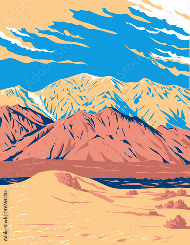 WPA poster art of Olancha Peak on the Tulare-Inyo county line in the South Sierra Wilderness located in Sierra Nevada of California, United States USA done in works project administration style.
