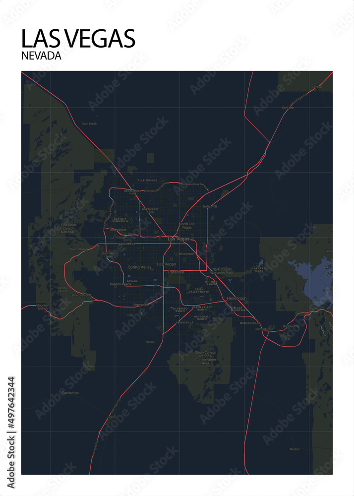 Poster Las Vegas - Nevada map. Road map. Illustration of Las Vegas ...