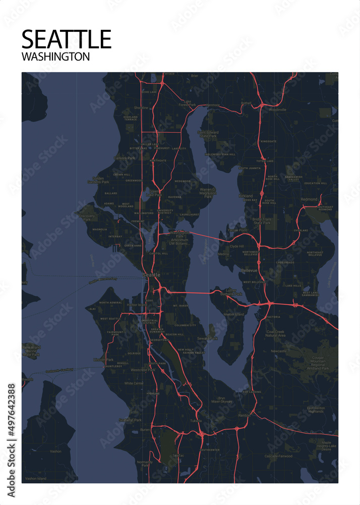 Poster Seattle - Washington map. Road map. Illustration of Seattle ...