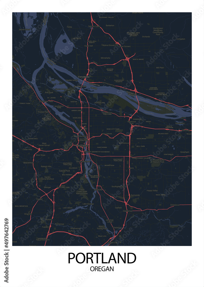Poster Portland - Oregan map. Road map. Illustration of Portland ...