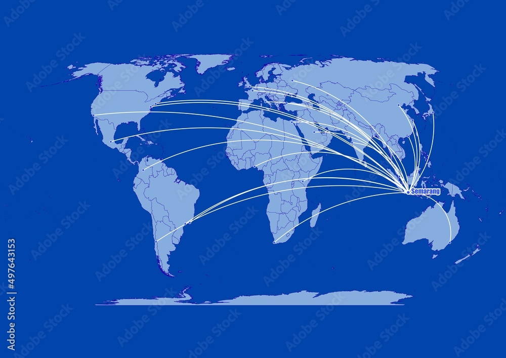 Obraz premium Semarang-Indonesia on blue background,connections of Semarang-Indonesia to other major cities around the world.