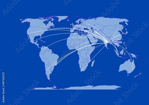 Visakhapatnam-India on blue background,connections of Visakhapatnam-India to other major cities around the world.