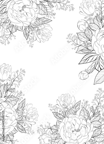 Floral frame. Greeting card design. Composition from botanical elements. Flowers and leaves in line art style.