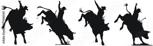 Fotografia, Obraz Vector silhouettes of a rodeo cowboy riding a bucking bull.